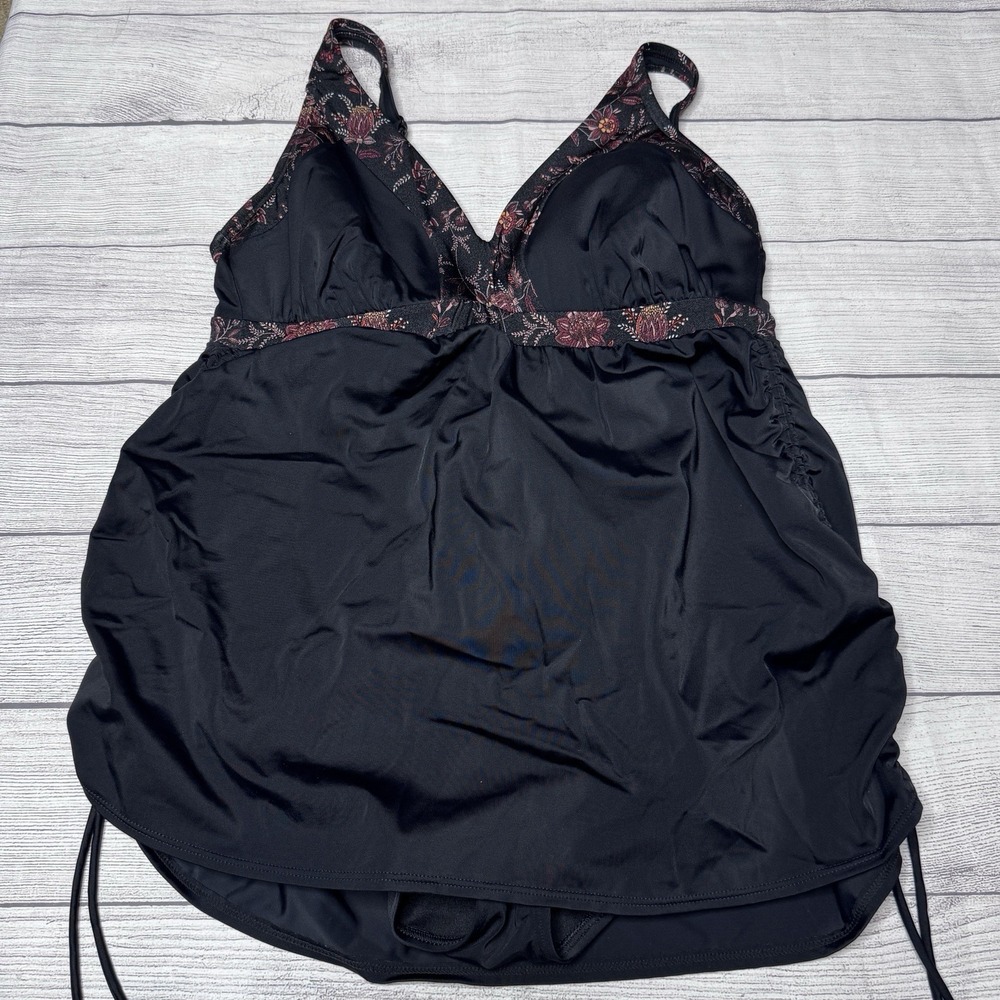 Swim by Cacique Lightly Lined No Wire One Piece 14 Ruched Black Floral Trim NWT